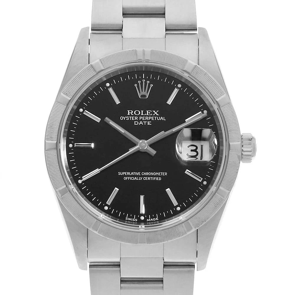ROLEX OYSTER PERPETUAL DATE BLACK WATCH: ROLEx Oyster Perpetual Date black Watch Brand: ROLEx Type/Style: Wrist watch Material: Band Material Stainless Steel, Case Material Stainless Steel Color: Dial Color Black Size: Case:W34mm