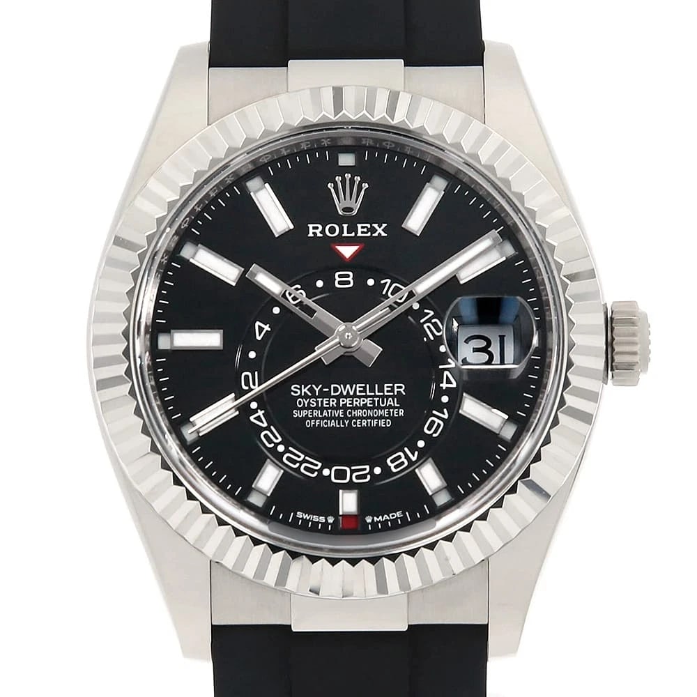 ROLEX SKY-DWELLER BLACK WATCH: ROLEx SKY-DWELLER black Watch Brand: ROLEx Type/Style: Wrist watch Material: Band Material rubber, Case Material White Gold Color: Dial Color Black Size: Case:W42mm Circumference of Wrist:18.5cm A