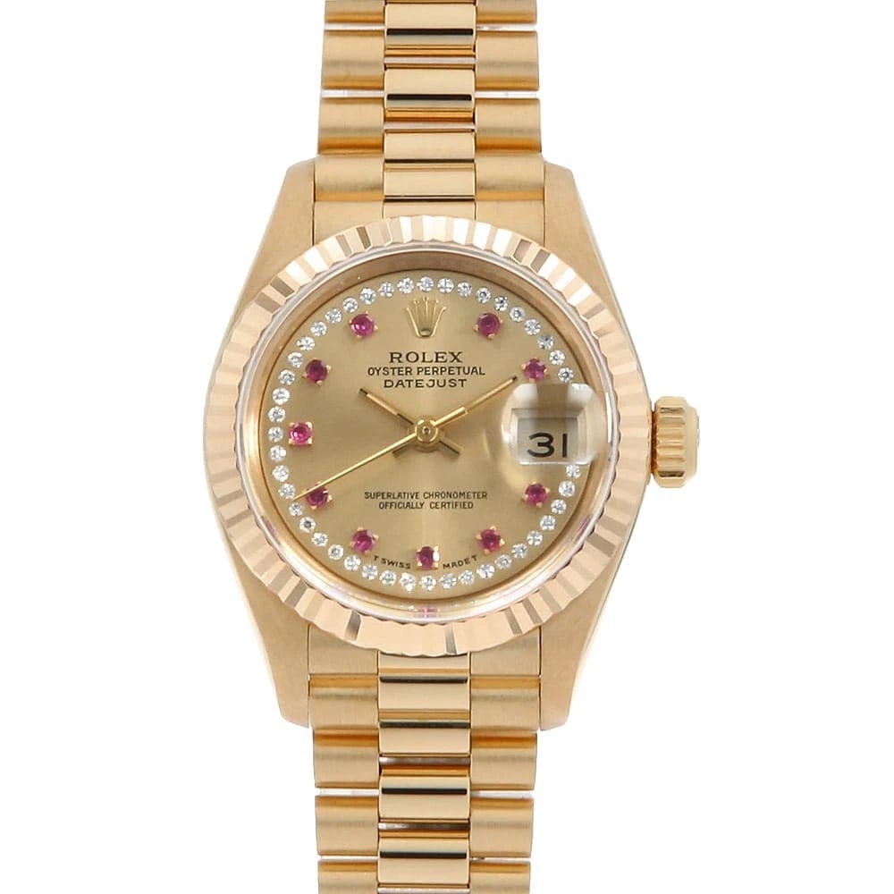 ROLEX DATEJUST DIAMOND RUBY CHAMPAGNE WATCH: ROLEx Datejust Diamond Ruby Champagne Watch Brand: ROLEx Type/Style: Wrist watch Material: Band Material Yellow Gold, Case Material Yellow Gold Color: Dial Color Champagne Gold Size: Case:W26mm Circum
