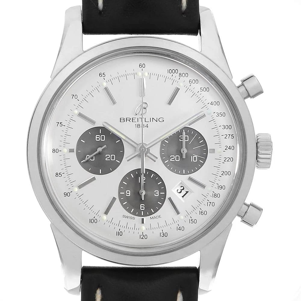 BREITLING CHRONOGRAPH STAINLESS STEEL WATCH: BREITLING chronograph Stainless Steel Watch Brand: BREITLING Type/Style: Wrist watch Material: Band Material Calfskin, Case Material Stainless Steel Color: Dial Color Silver Size: Case:W43mm