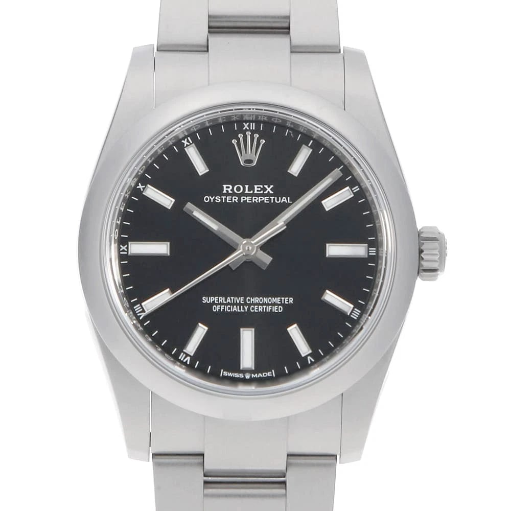 ROLEX OYSTER PERPETUAL BLACK WATCH: ROLEx Oyster perpetual black Watch Brand: ROLEx Type/Style: Wrist watch Material: Band Material Stainless Steel, Case Material Stainless Steel Color: Dial Color Black Size: Case:W34mm Circumference