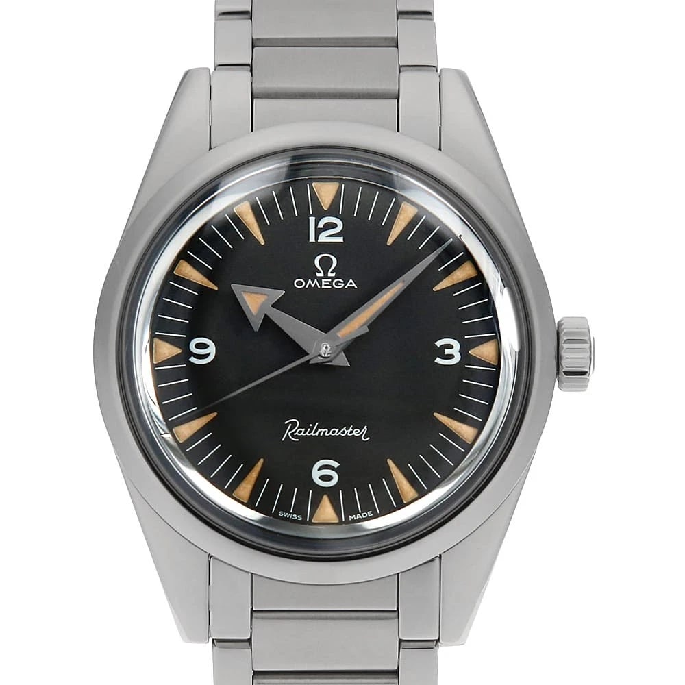 OMEGA TRILOGY RAILMASTER WATCH: OMEGA Trilogy Railmaster Watch Brand: OMEGA Type/Style: Wrist watch Material: Band Material Stainless Steel, Case Material Stainless Steel Color: Dial Color Black Size: Case:W38mm Circumference of