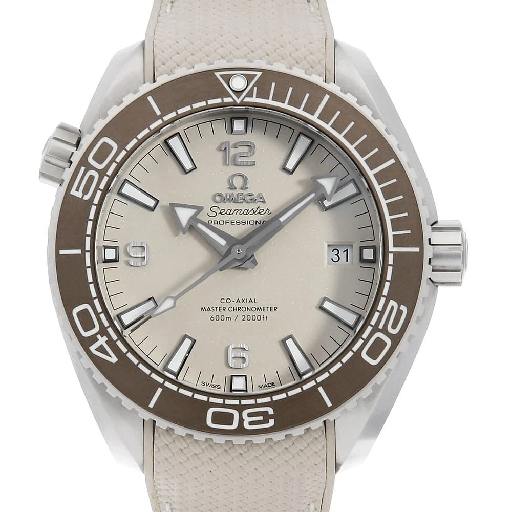 OMEGA SEAMASTER PLANET OCEAN STAINLESS STEEL WATCH: OMEGA Seamaster Planet Ocean Stainless Steel Watch Brand: OMEGA Type/Style: Wrist watch Material: Band Material rubber, Case Material Stainless Steel Color: Dial Color Beige Size: Case:W43.5mm