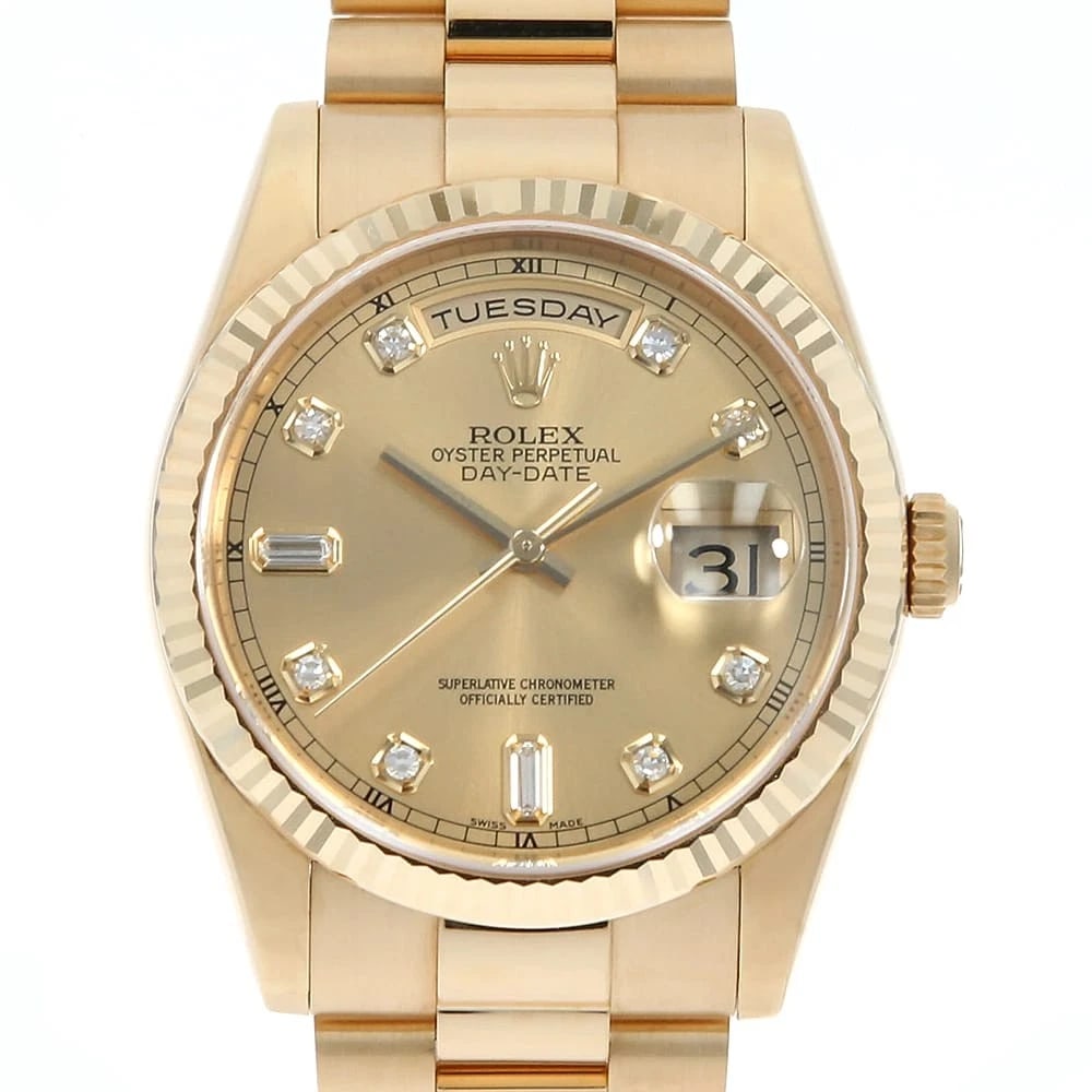 ROLEX DATE DIAMOND BAGUETTE CHAMPAGNE WATCH: ROLEx Date Diamond Baguette Champagne Watch Brand: ROLEx Type/Style: Wrist watch Material: Band Material Yellow Gold, Case Material Yellow Gold Color: Dial Color Champagne Gold Size: Case:W36mm Circum