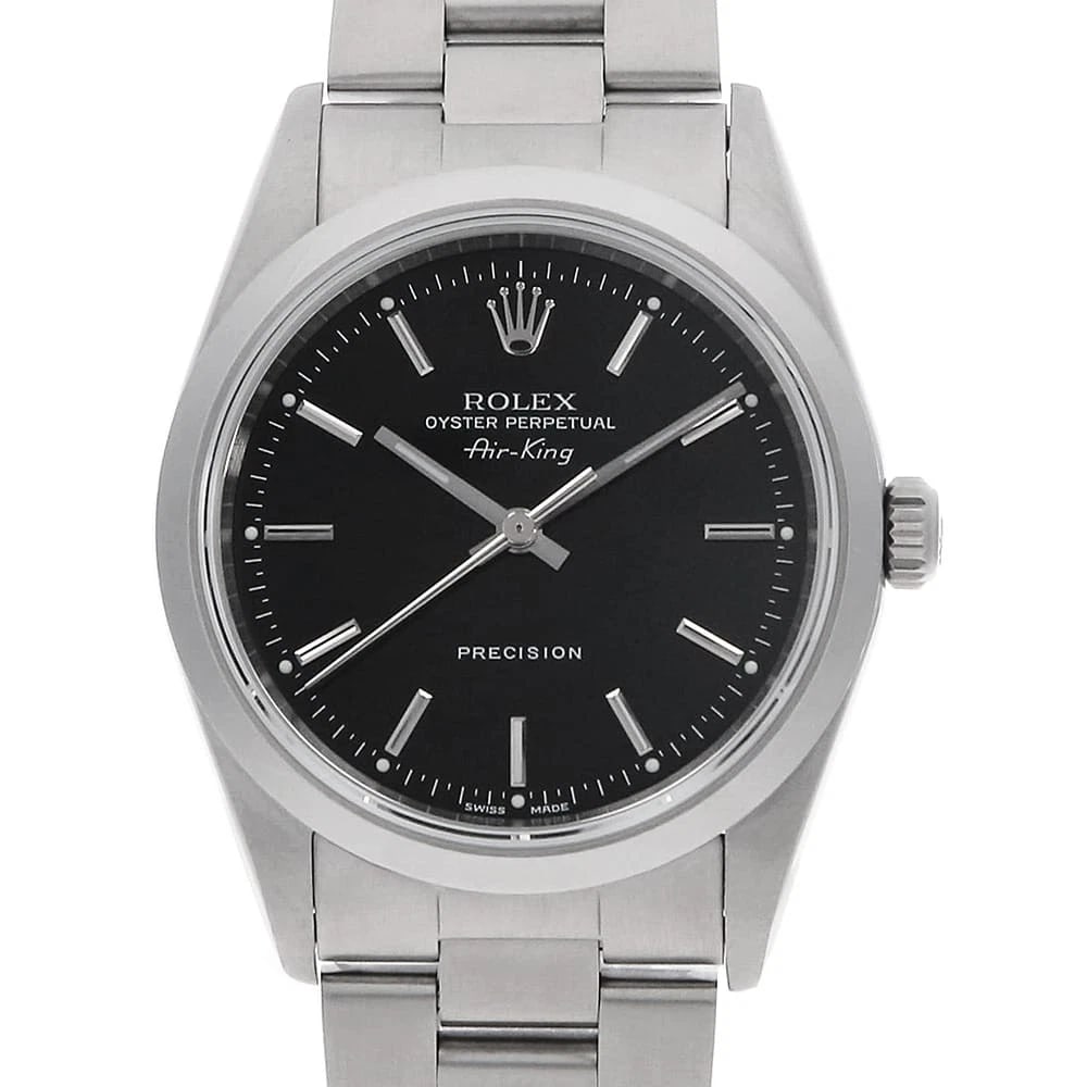 ROLEX AIR KING BLACK WATCH: ROLEx Air king black Watch Brand: ROLEx Type/Style: Wrist watch Material: Band Material Stainless Steel, Case Material Stainless Steel Color: Dial Color Black Size: Case:W34mm Circumference of