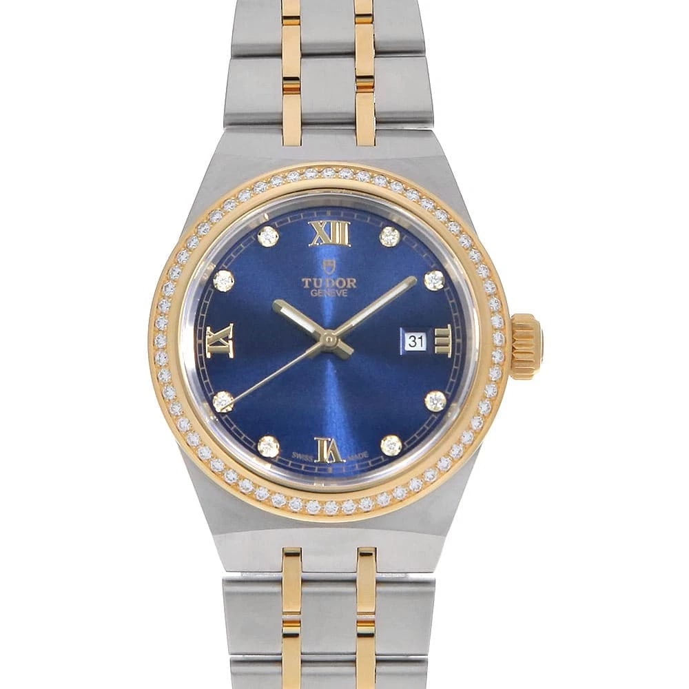 TUDOR ROYAL STAINLESS STEEL WATCH: TUDOR Royal Stainless Steel Watch Brand: TUDOR Type/Style: Wrist watch Material: Band Material Stainless Steel/Yellow Gold, Case Material Stainless Steel/Yellow Gold Color: Dial Color Blue Size: