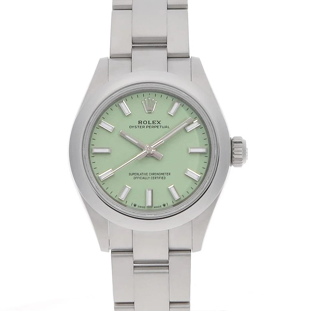 ROLEX OYSTER PERPETUAL PISTACHIO WATCH: ROLEx oyster perpetual pistachio Watch Brand: ROLEx Type/Style: Wrist watch Material: Band Material Stainless Steel, Case Material Stainless Steel Color: Dial Color Pistachio Size: Case:W28mm