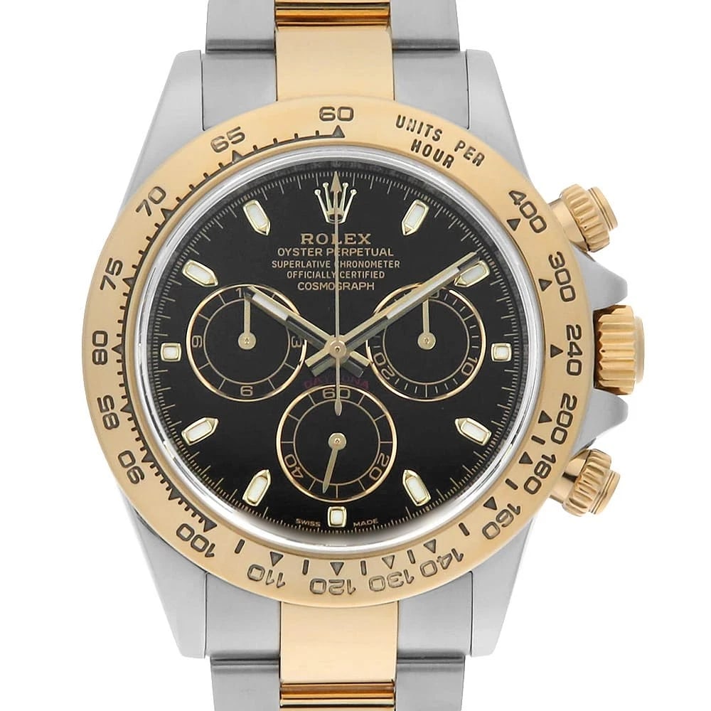 ROLEX COSMOGRAPH DAYTONA BLACK WATCH: ROLEx Cosmograph Daytona black Watch Brand: ROLEx Type/Style: Wrist watch Material: Band Material Stainless Steel/Yellow Gold, Case Material Stainless Steel/Yellow Gold Color: Dial Color Black Size: C