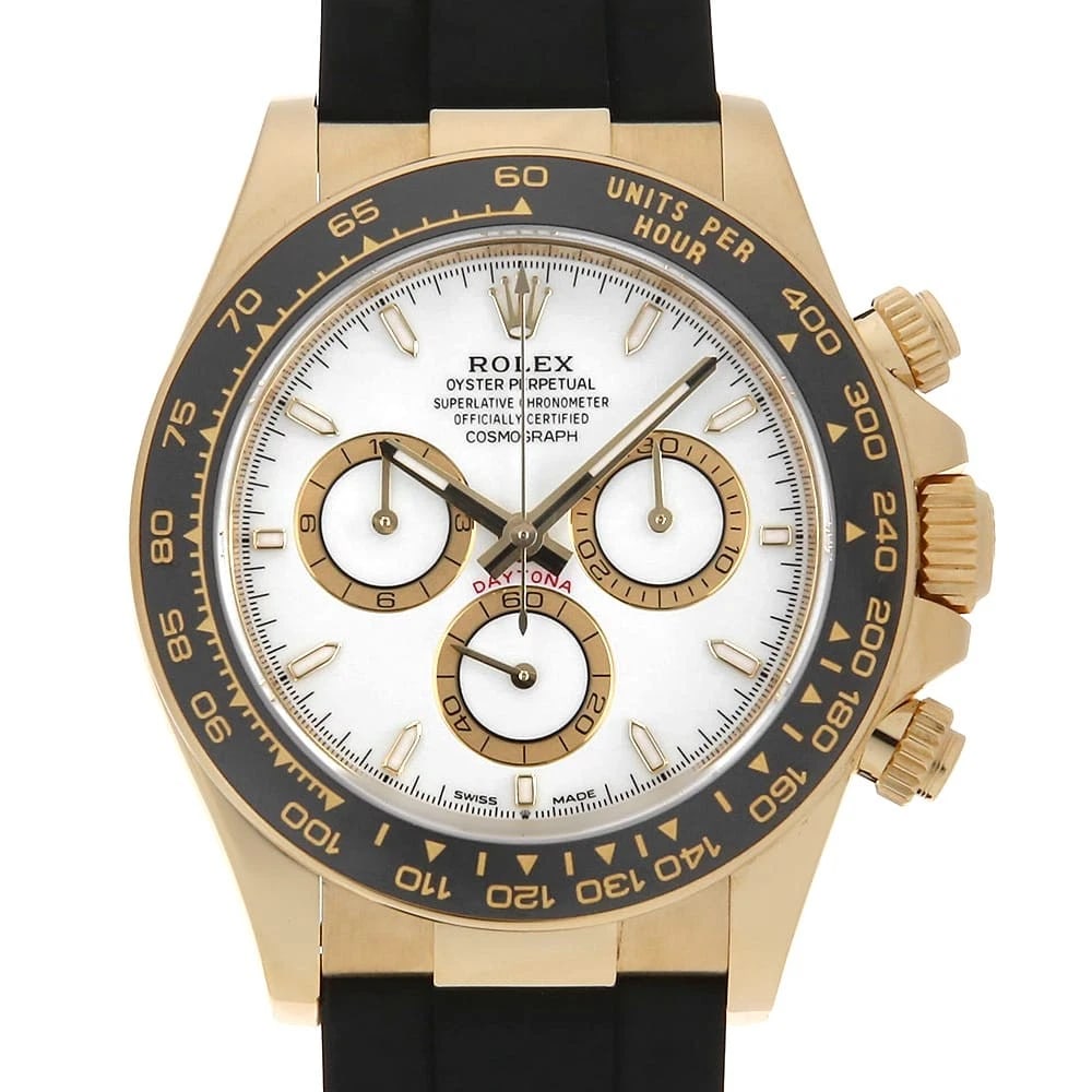 ROLEX COSMOGRAPH DAYTONA WHITE WATCH: ROLEx Cosmograph Daytona white Watch Brand: ROLEx Type/Style: Wrist watch Material: Band Material rubber, Case Material Yellow Gold Color: Dial Color White Size: Case:WCircumference of Wrist:19cm