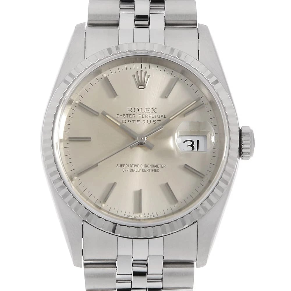 ROLEX DATEJUST SILVER STAINLESS STEEL WATCH: ROLEx Datejust Silver Stainless Steel Watch Brand: ROLEx Type/Style: Wrist watch Material: Band Material Stainless Steel, Case Material Stainless Steel/White gold Color: Dial Color Silver Size: Case:W