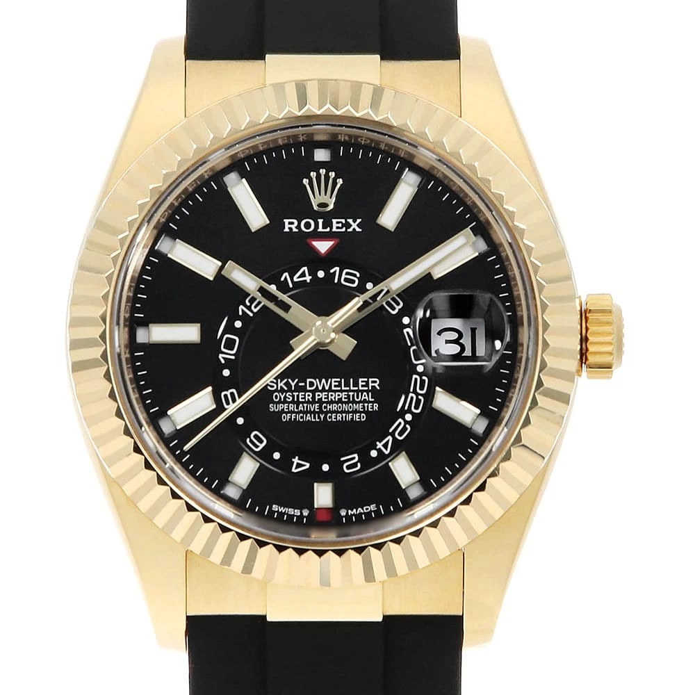 ROLEX SKY-DWELLER BLACK WATCH: ROLEx SKY-DWELLER black Watch Brand: ROLEx Type/Style: Wrist watch Material: Band Material rubber, Case Material Yellow Gold Color: Dial Color Black Size: Case:W42mm Circumference of Wrist:17.5cm