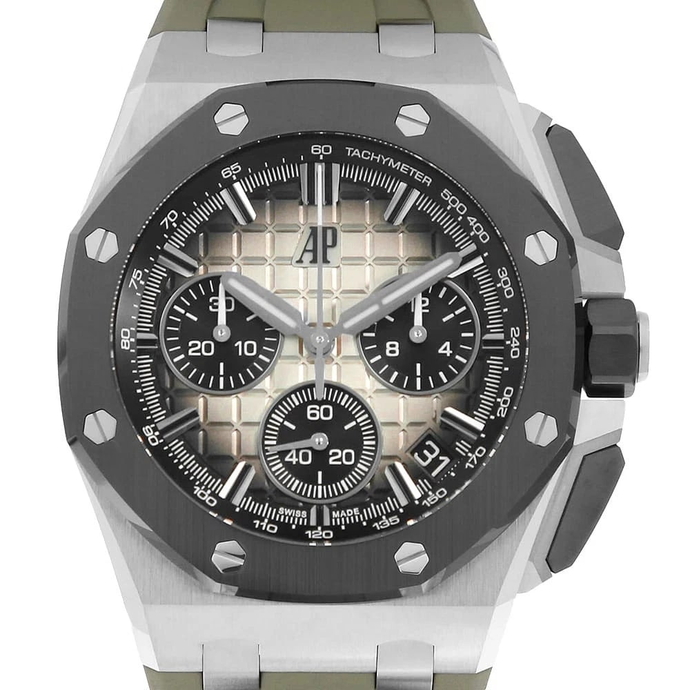 AUDEMARS PIGUET ROYAL OAK OFFSHORE CHRONOGRAPH WATCH: AUDEMARS PIGUET Royal Oak Offshore Chronograph Watch Brand: AUDEMARS PIGUET Type/Style: Wrist watch Material: Band Material rubber, Case Material Stainless Steel/ceramic Color: Dial Color Brown Size: