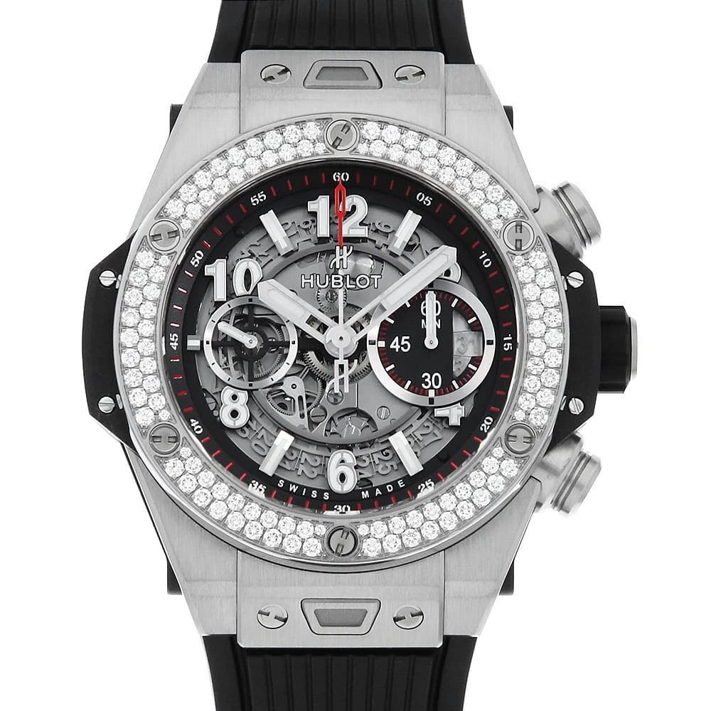 HUBLOT BIG BANG UNICO TITANIUM DIAMOND WATCH: HUBLOT Big Bang Unico Titanium Diamond Watch Brand: HUBLOT Type/Style: Wrist watch Material: Band Material rubber, Case Material Titanium Color: Dial Color Skeleton Size: Case:W45mm Accessories: None