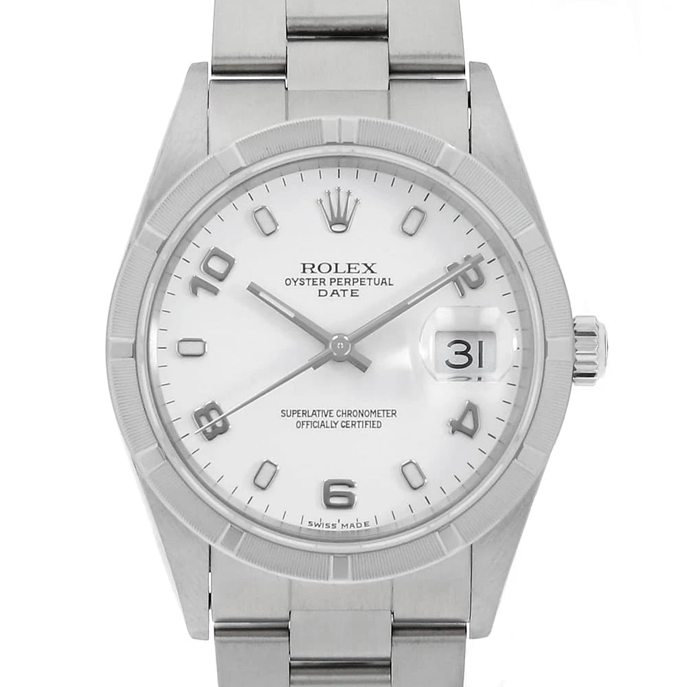 ROLEX OYSTER PERPETUAL DATE WHITE FLYING WATCH: ROLEx Oyster Perpetual Date white flying Watch Brand: ROLEx Type/Style: Wrist watch Material: Band Material Stainless Steel, Case Material Stainless Steel Color: Dial Color White Size: Case:W34mm