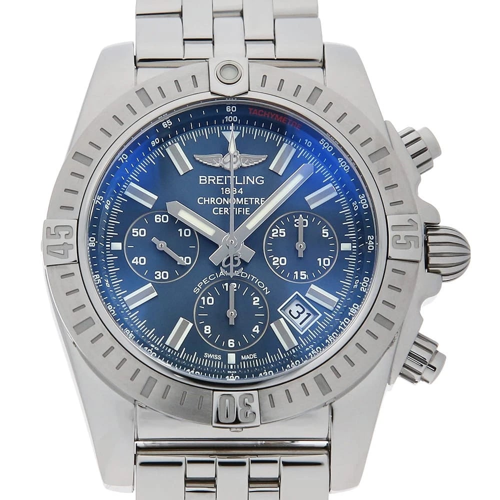 BREITLING CHRONOMAT STAINLESS STEEL WATCH: BREITLING Chronomat Stainless Steel Watch Brand: BREITLING Type/Style: Wrist watch Material: Band Material Stainless Steel, Case Material Stainless Steel Color: Dial Color Blue Size: Case:W44mm Circum