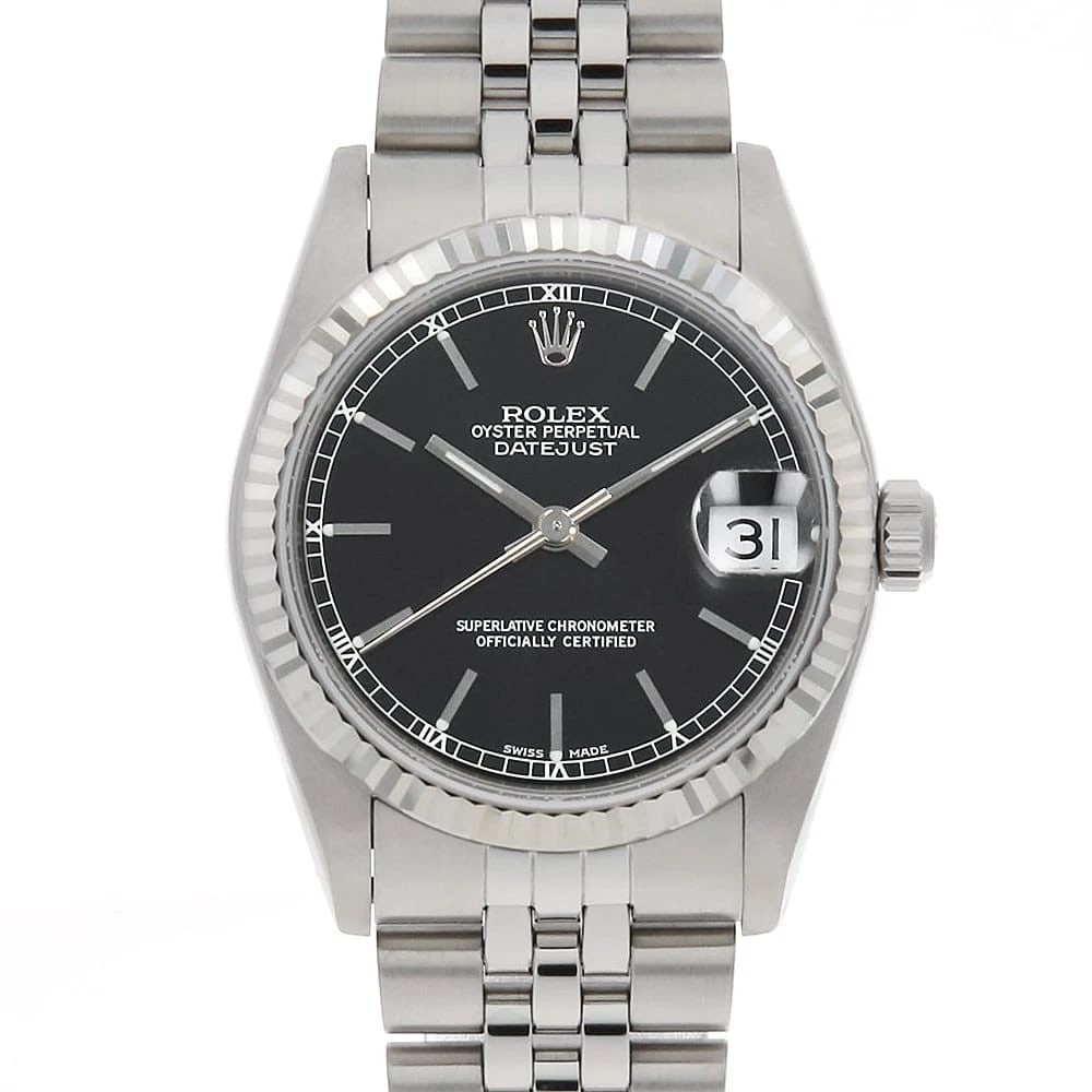 ROLEX DATEJUST BLACK WATCH: ROLEx Datejust black Watch Brand: ROLEx Type/Style: Wrist watch Material: Band Material Stainless Steel, Case Material Stainless Steel/White gold Color: Dial Color Black Size: Case:W31mm Circumference