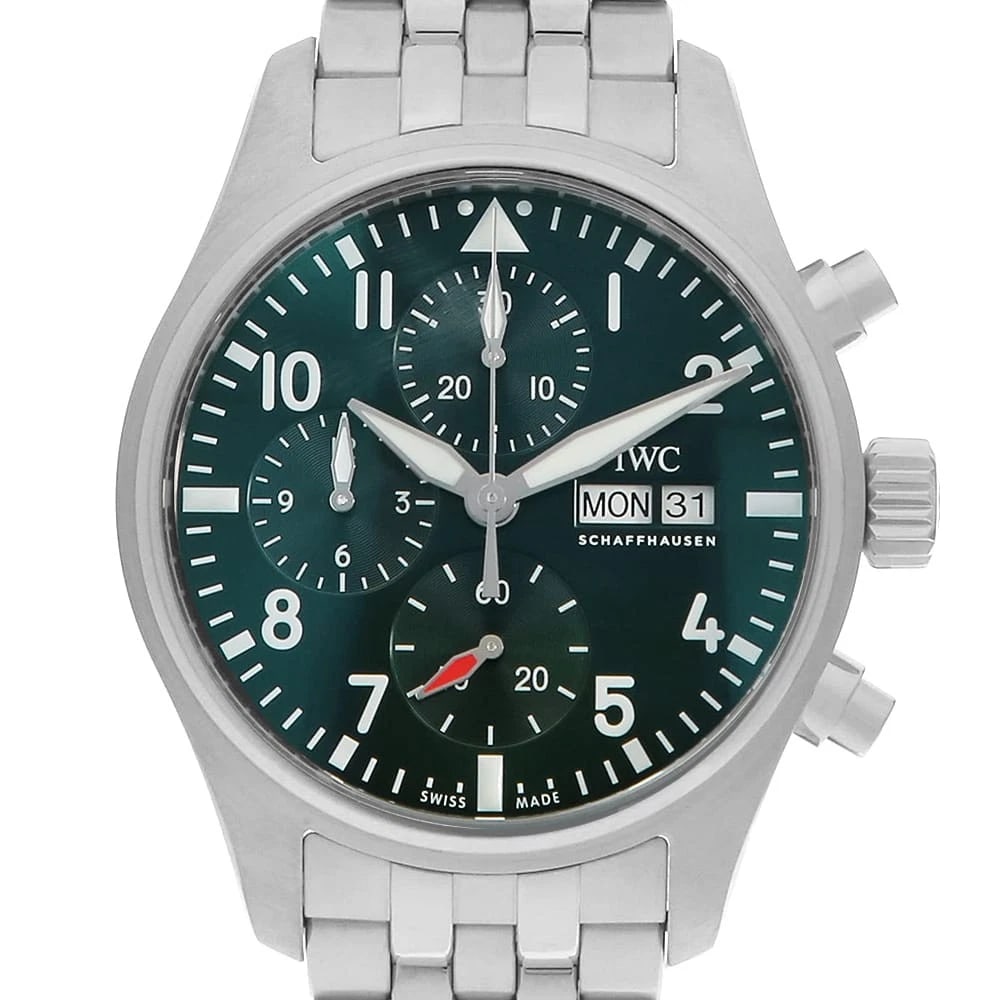 IWC PILOT WATCH CHRONOGRAPH WATCH: IWC Pilot watch chronograph Watch Brand: IWC Type/Style: Wrist watch Material: Band Material Stainless Steel, Case Material Stainless Steel Color: Dial Color Green Size: Case:W41mm Circumference of