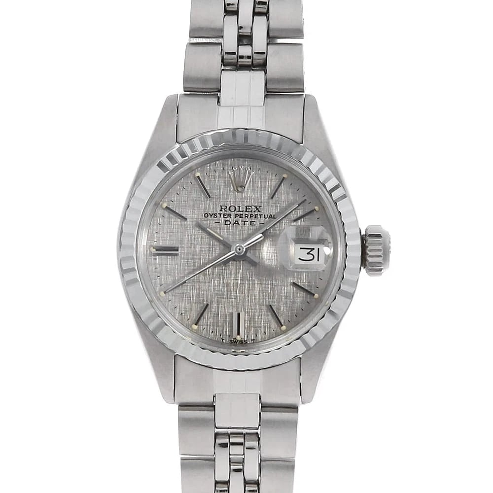 ROLEX OYSTER PERPETUAL DATE GRAY WATCH: ROLEx Oyster Perpetual Date gray Watch Brand: ROLEx Type/Style: Wrist watch Material: Band Material Stainless Steel, Case Material Stainless Steel/White gold Color: Dial Color Gray Size: Case:W26mm