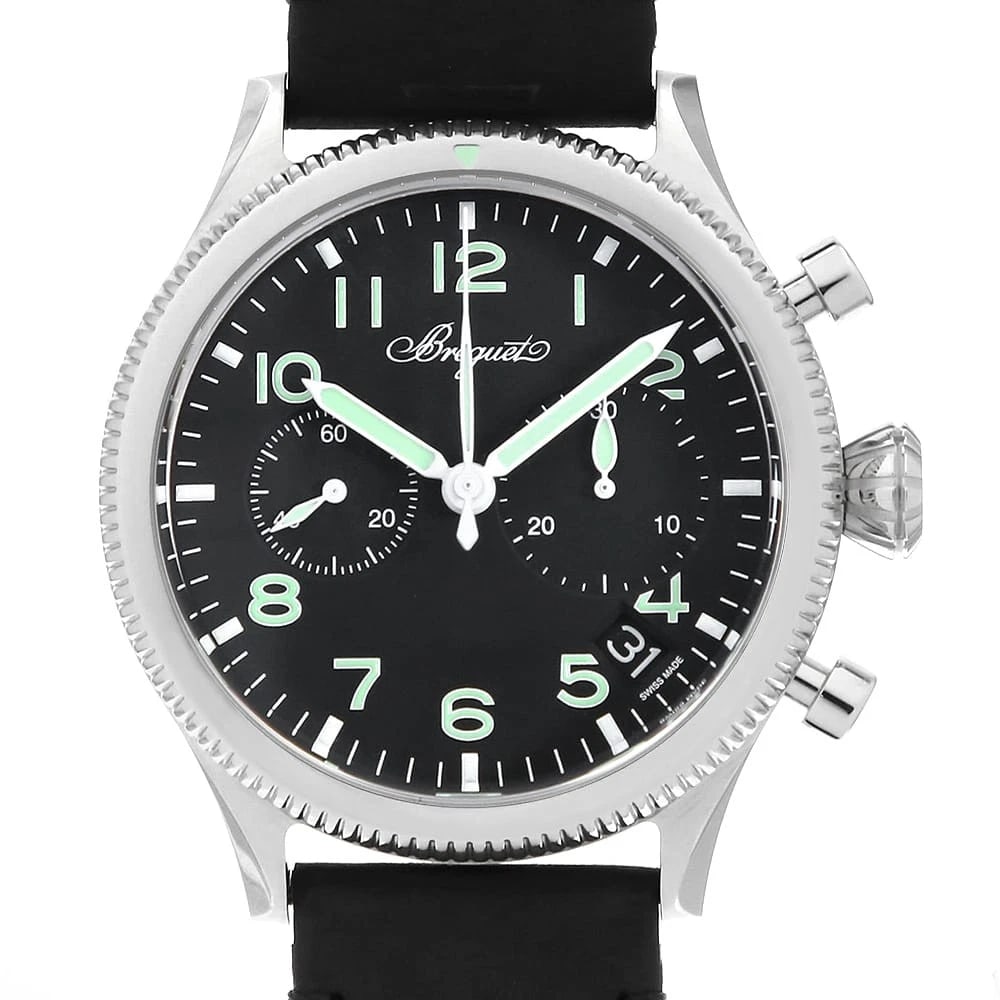 BREGUET CHRONOGRAPH STAINLESS STEEL WATCH: Breguet Chronograph Stainless Steel Watch Brand: Breguet Type/Style: xx/Type xxI Material: Band Material Calfskin, Case Material Stainless Steel Color: Dial Color Black Size: Case:W42mm Accessorie