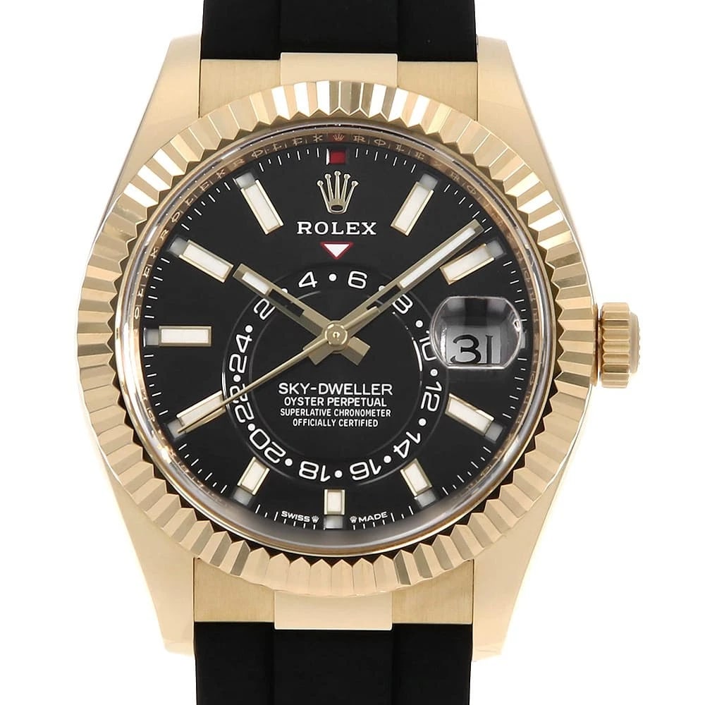 ROLEX SKY-DWELLER BLACK WATCH: ROLEx SKY-DWELLER black Watch Brand: ROLEx Type/Style: Wrist watch Material: Band Material rubber, Case Material Yellow Gold Color: Dial Color Black Size: Case:W42mm Circumference of Wrist:18.5cm