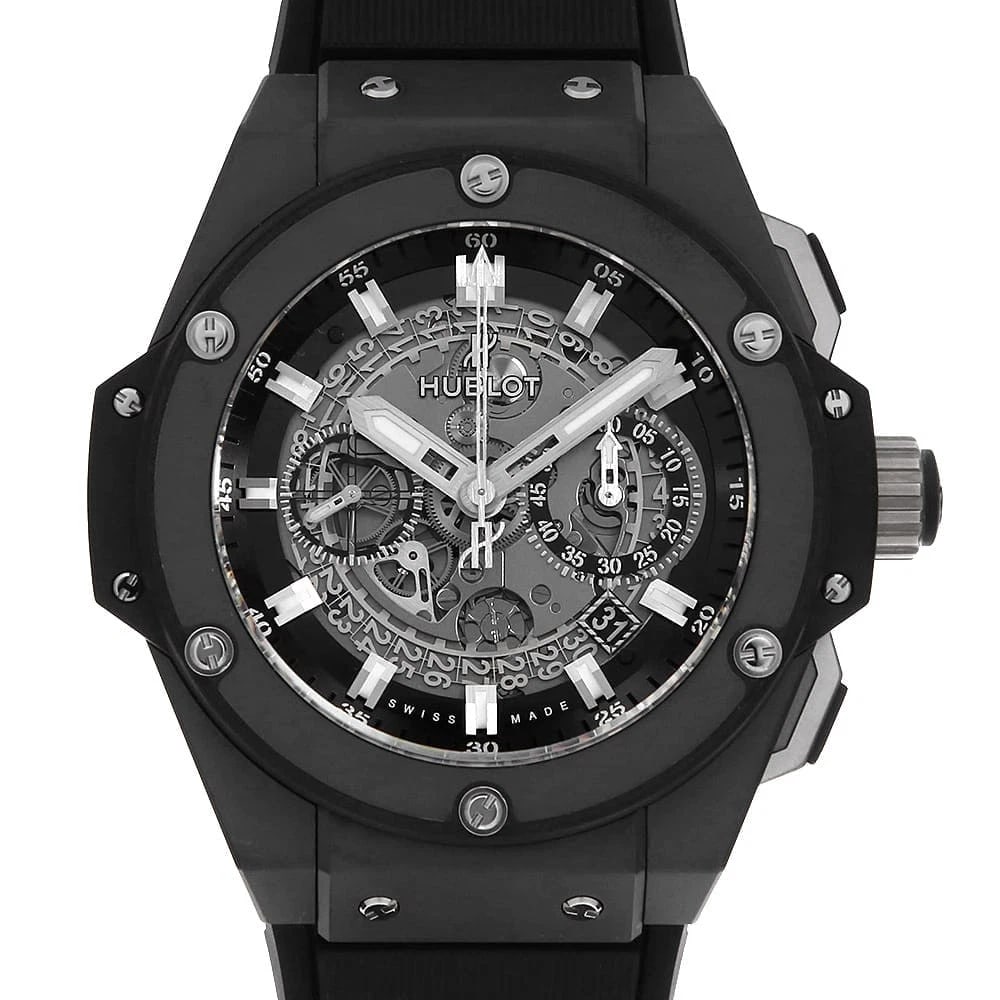HUBLOT KING POWER UNICO BLACK MAGIC WATCH: HUBLOT King Power Unico Black Magic Watch Brand: HUBLOT Type/Style: Wrist watch Material: Band Material rubber, Case Material ceramic/titanium Color: Dial Color Skeleton Size: Case:W48mm Accessories: