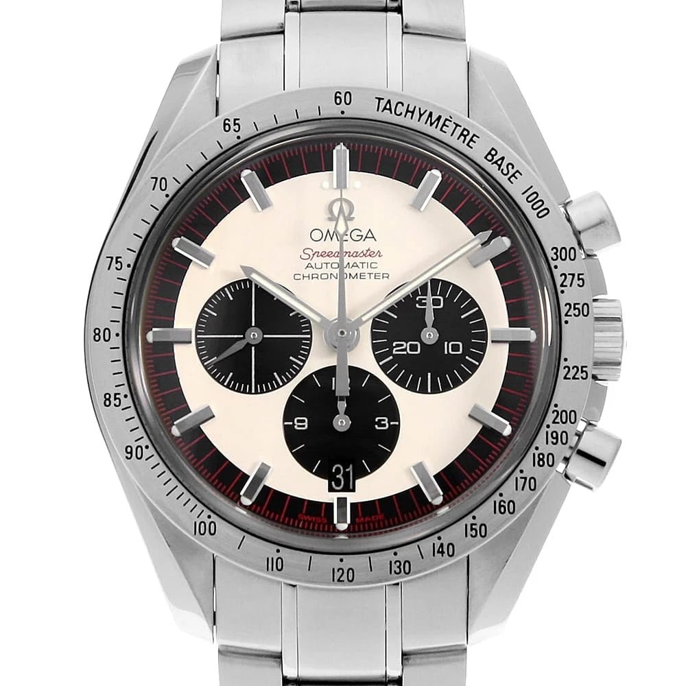 OMEGA SPEEDMASTER SCHUMACHER LEGEND WATCH: OMEGA Speedmaster Schumacher Legend Watch Brand: OMEGA Type/Style: Wrist watch Material: Band Material Stainless Steel, Case Material Stainless Steel Color: Dial Color Ivory Size: Case:W42mm