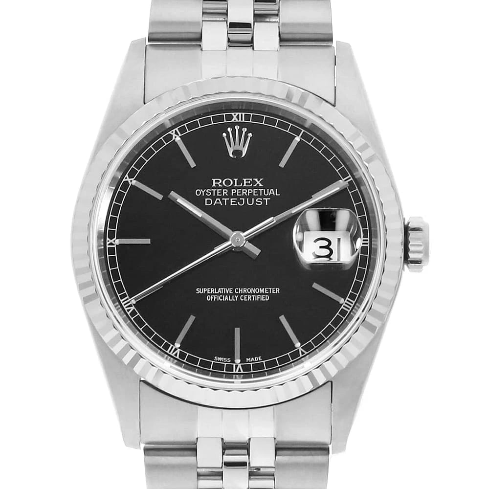 ROLEX DATEJUST BLACK WATCH: ROLEx Datejust black Watch Brand: ROLEx Type/Style: Wrist watch Material: Band Material Stainless Steel, Case Material Stainless Steel/White gold Color: Dial Color Black Size: Case:W36mm