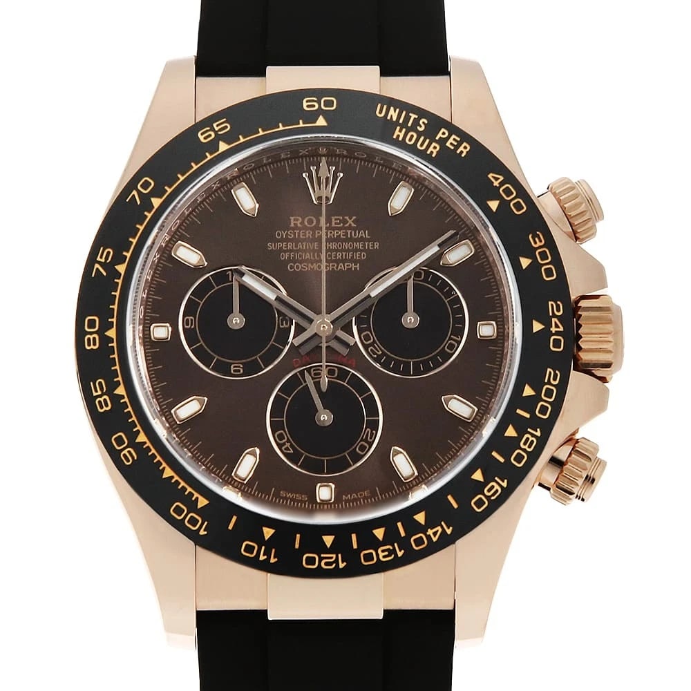 ROLEX COSMOGRAPH DAYTONA CHOCOLATE BROWN X BLACK WATCH: ROLEx Cosmograph Daytona Chocolate brown x black Watch Brand: ROLEx Type/Style: Wrist watch Material: Band Material rubber, Case Material Everose Gold Color: Dial Color Chocolate Brown Size: Case:WCir