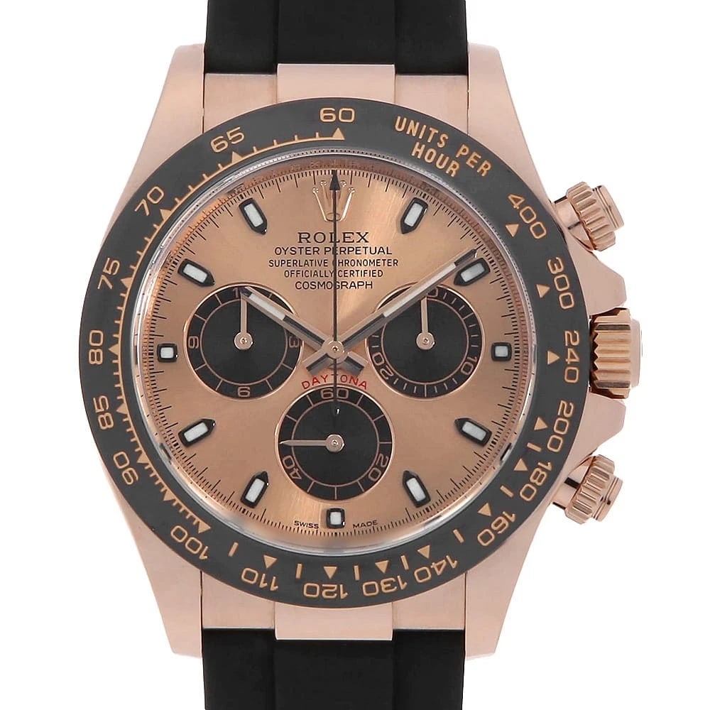 ROLEX COSMOGRAPH DAYTONA PINK X BLACK WATCH: ROLEx Cosmograph Daytona Pink x Black Watch Brand: ROLEx Type/Style: Wrist watch Material: Band Material rubber, Case Material Everose Gold Color: Dial Color Pink and Black Size: Case:WCircumference o