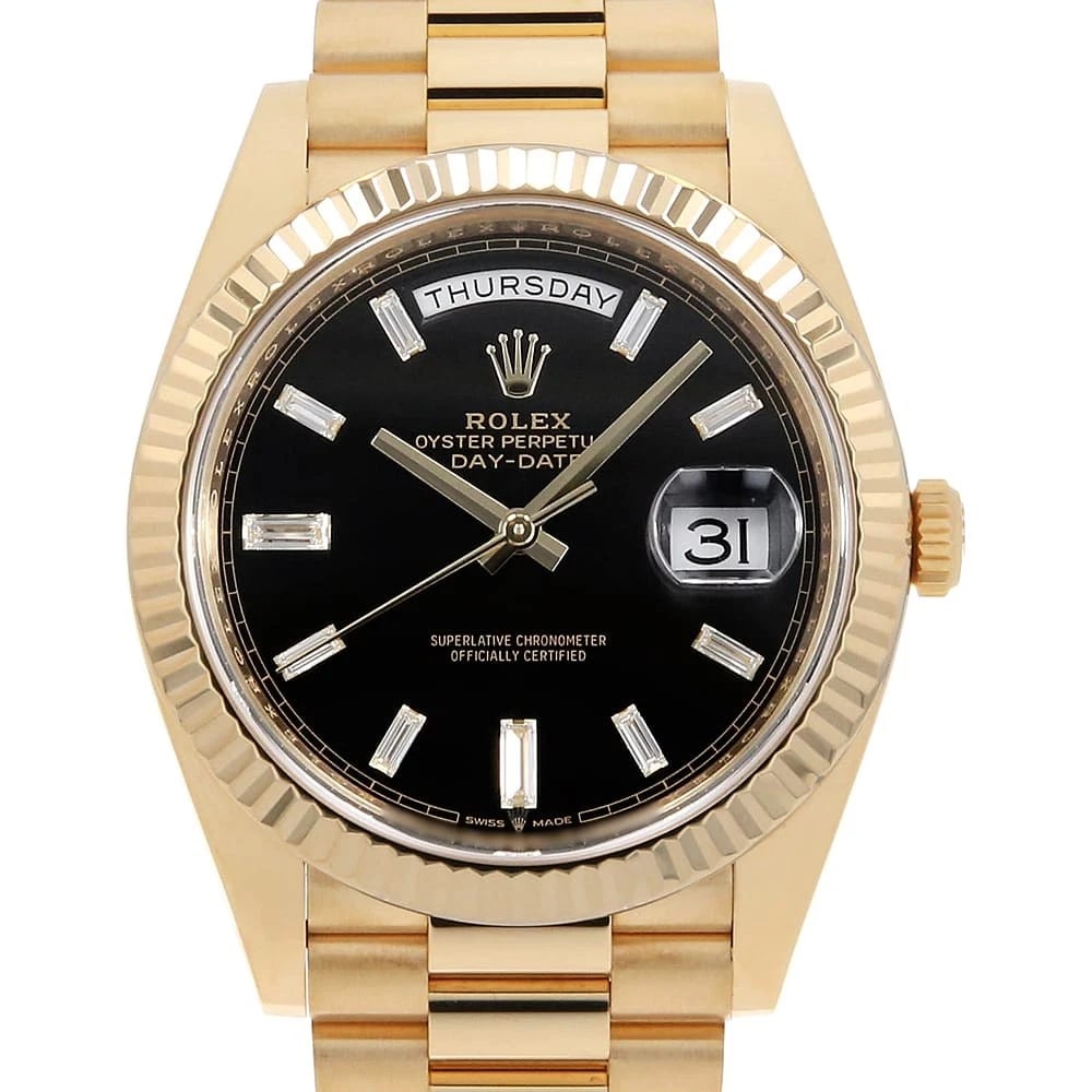 ROLEX DATE BAGUETTE DIAMOND BLACK WATCH: ROLEx Date Baguette Diamond black Watch Brand: ROLEx Type/Style: Wrist watch Material: Band Material Yellow Gold, Case Material Yellow Gold Color: Dial Color Black Size: Case:WCircumference of Wrist:1