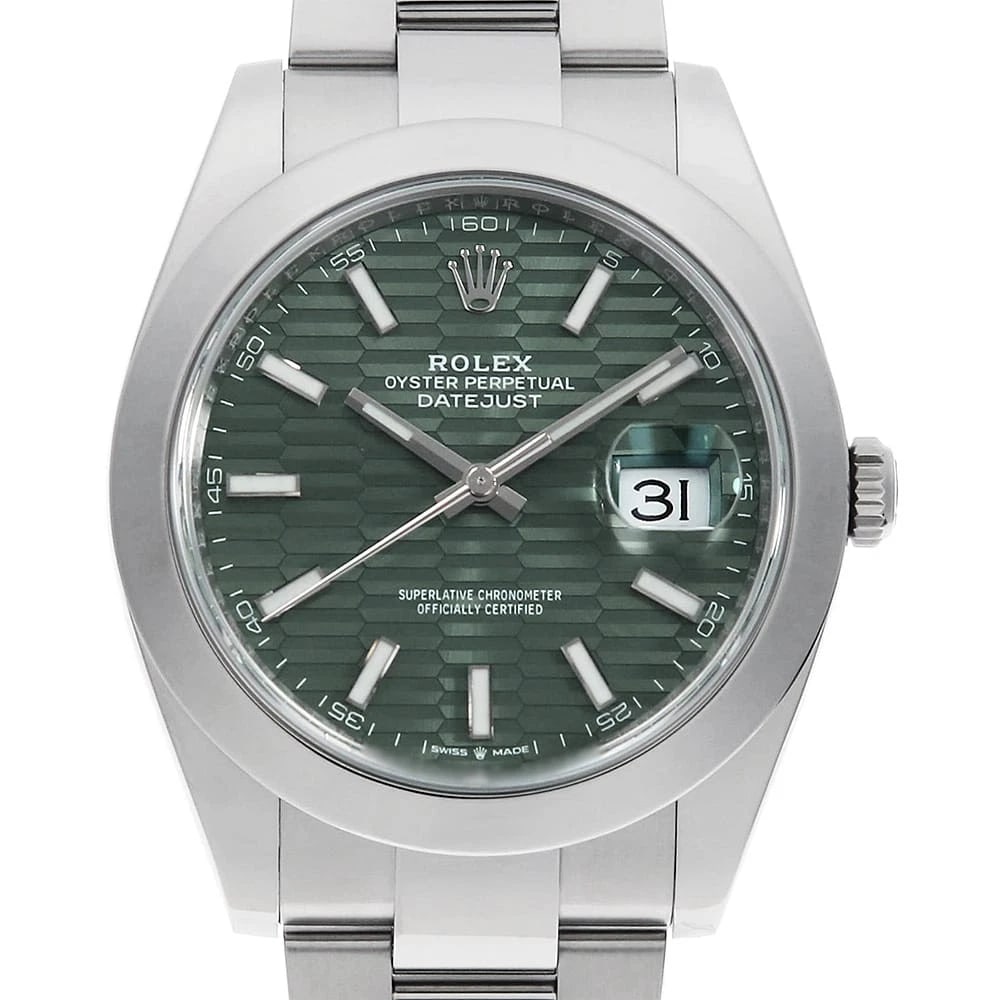 ROLEX DATEJUST GREEN OYSTER STAINLESS STEEL WATCH: ROLEx Datejust green Oyster Stainless Steel Watch Brand: ROLEx Type/Style: Wrist watch Material: Band Material Stainless Steel, Case Material Stainless Steel Color: Dial Color Green Size: Case:W41mm C