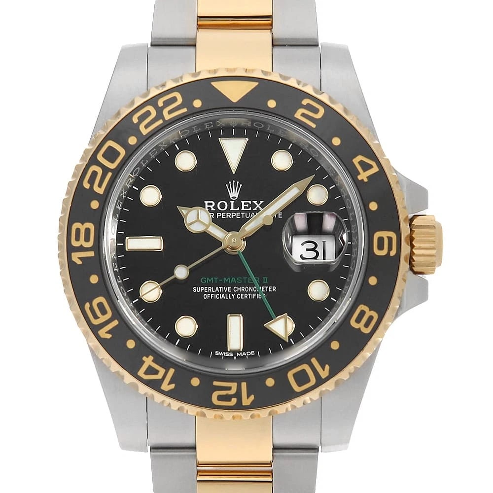 ROLEX GMT MASTER BLACK WATCH: ROLEx GMT Master black Watch Brand: ROLEx Type/Style: Wrist watch Material: Band Material Stainless Steel/Yellow Gold, Case Material Stainless Steel/Yellow Gold Color: Dial Color Black Size: Case:WCir