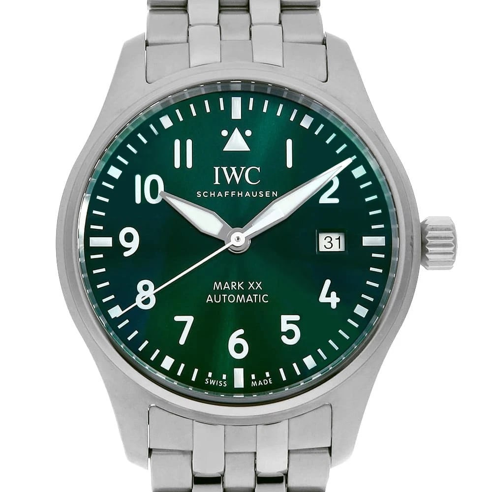 IWC PILOT'S WATCH STAINLESS STEEL WATCH: IWC Pilot's Watch Stainless Steel Watch Brand: IWC Type/Style: Wrist watch Material: Band Material Stainless Steel, Case Material Stainless Steel Color: Dial Color Green Size: Case:WCircumference of