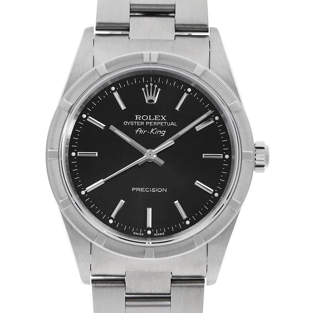 ROLEX AIR KING BLACK WATCH: ROLEx Air king black Watch Brand: ROLEx Type/Style: Wrist watch Material: Band Material Stainless Steel, Case Material Stainless Steel Color: Dial Color Black Size: Case:W34mm Circumference of Wrist:1