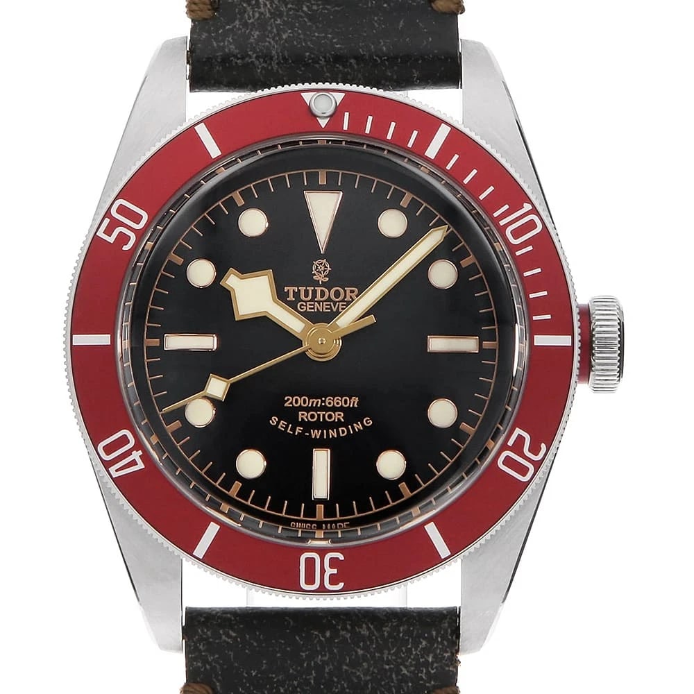 TUDOR HERITAGE BLACK LEATHER WATCH: TUDOR Heritage Black Leather Watch Brand: TUDOR Type/Style: Wrist watch Material: Band Material Calfskin, Case Material Stainless Steel Color: Dial Color Black Size: Case:W41mm Accessories: None <