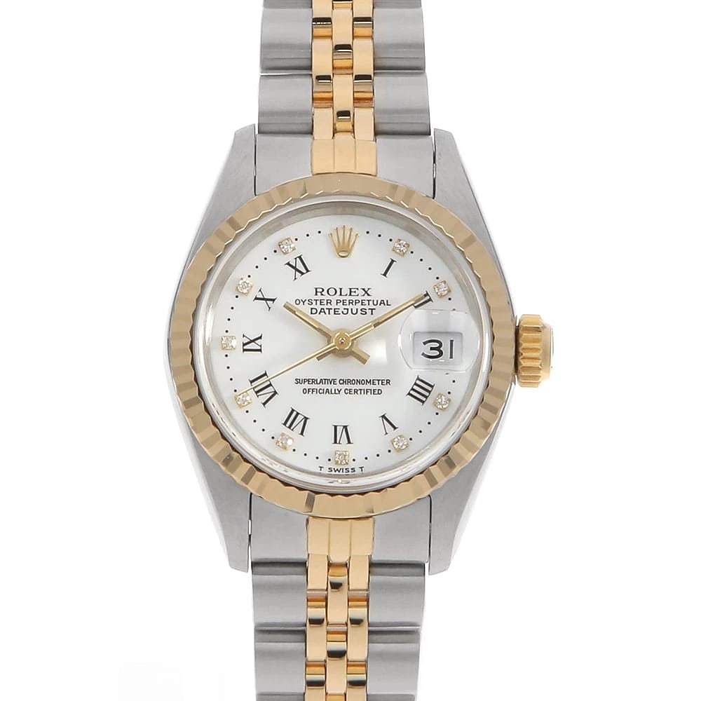 ROLEX DATEJUST DIAMOND WHITE WATCH: ROLEx Datejust Diamond white Watch Brand: ROLEx Type/Style: Wrist watch Material: Band Material Stainless Steel/Yellow Gold, Case Material Stainless Steel/Yellow Gold Color: Dial Color White Size: Cas