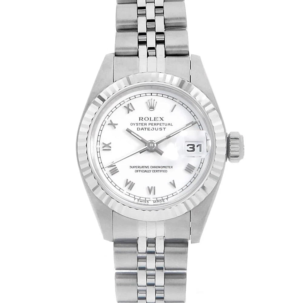 ROLEX DATEJUST WHITE STAINLESS STEEL WATCH: ROLEx Datejust white Stainless Steel Watch Brand: ROLEx Type/Style: Wrist watch Material: Band Material Stainless Steel, Case Material Stainless Steel/White gold Color: Dial Color White Size: Case:W26
