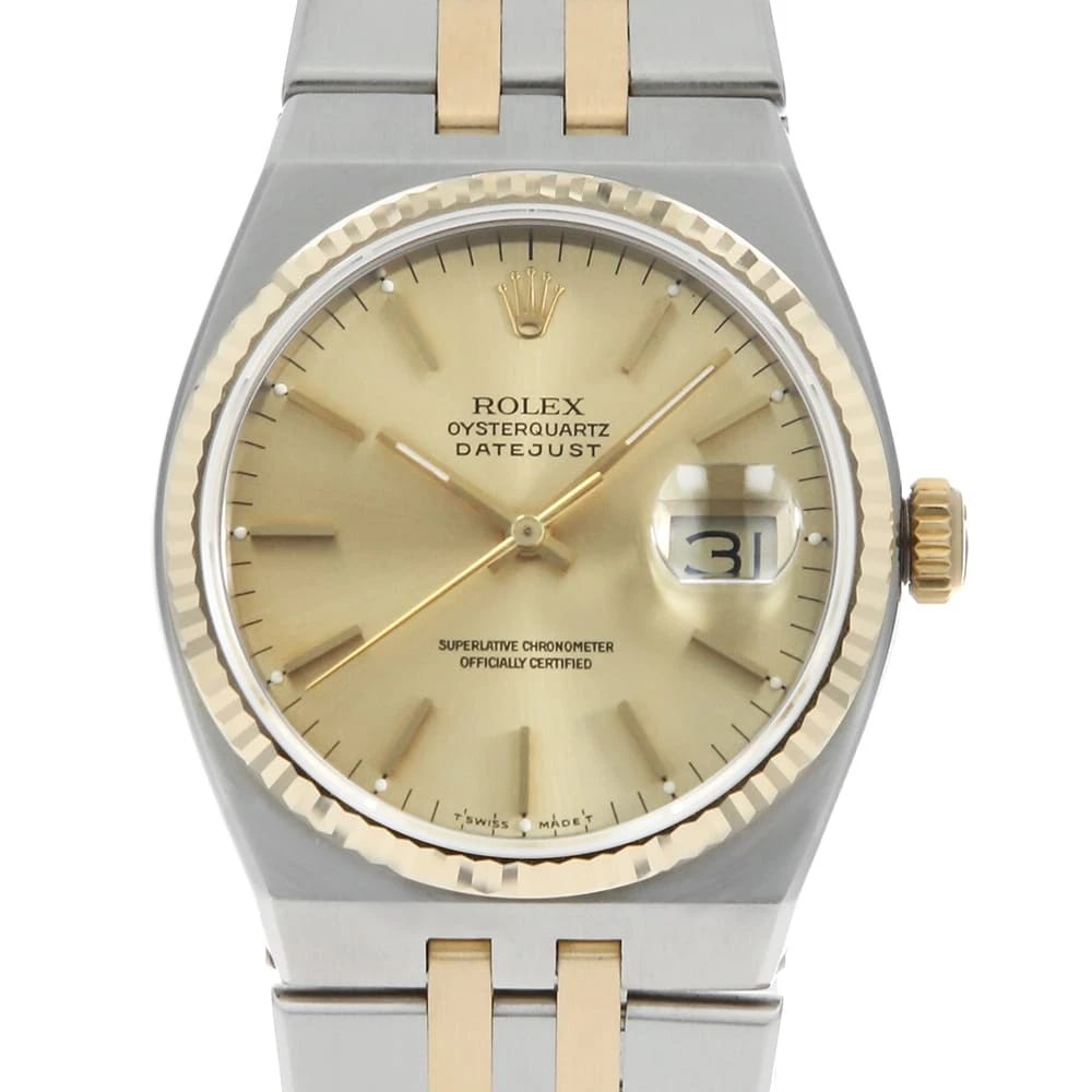 ROLEX OYSTER QUARTZ CHAMPAGNE WATCH: ROLEx Oyster quartz Champagne Watch Brand: ROLEx Type/Style: Wrist watch Material: Band Material Stainless Steel/Yellow Gold, Case Material Stainless Steel/Yellow Gold Color: Dial Color Champagne Gold