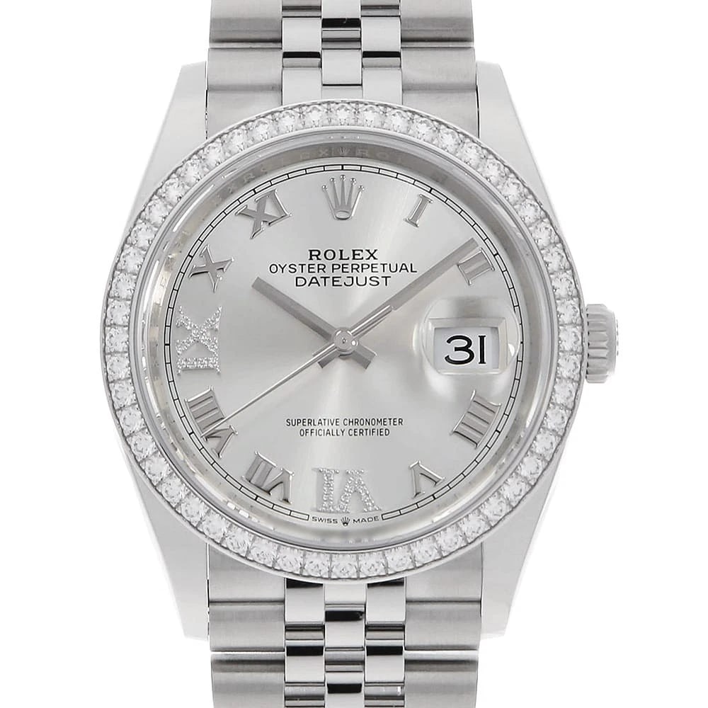 ROLEX DATEJUST BEZEL DIAMOND SILVER WATCH: ROLEx Datejust Bezel Diamond Silver Watch Brand: ROLEx Type/Style: Wrist watch Material: Band Material Stainless Steel, Case Material Stainless Steel/White gold Color: Dial Color Silver Size: Case:W36