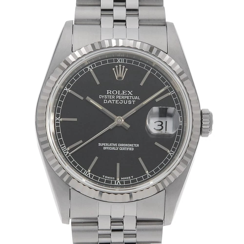 ROLEX DATEJUST BLACK STAINLESS STEEL WATCH: ROLEx Datejust black Stainless Steel Watch Brand: ROLEx Type/Style: Wrist watch Material: Band Material Stainless Steel, Case Material Stainless Steel/White gold Color: Dial Color Black Size: Case:W36