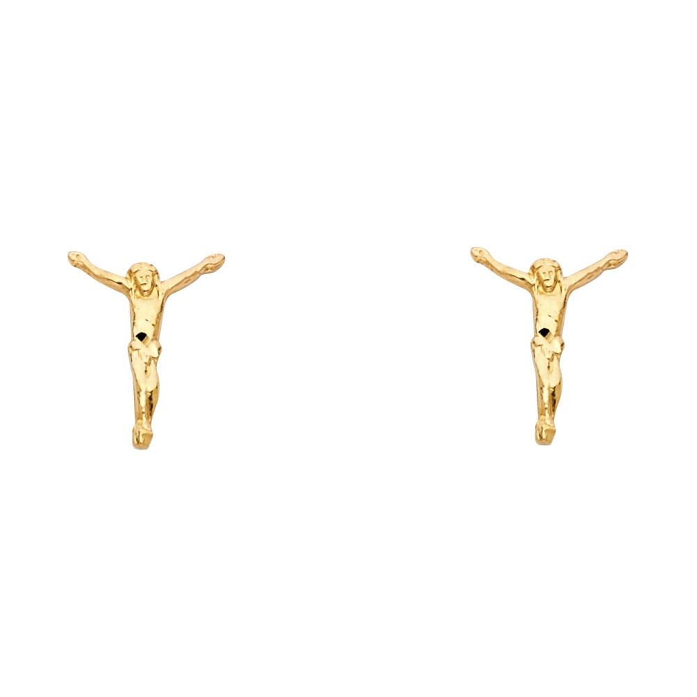 14KY SMALL JESUS POST EARRINGS: 14KY Small Jesus Post Earrings Material Type : 14k Gold Material Color : Yellow Avg. Weight: 0.62 Gr. Size: Height : 12 mm, Width : 10 mm Accessories: None Notice: When purchasing pre-owned goods,