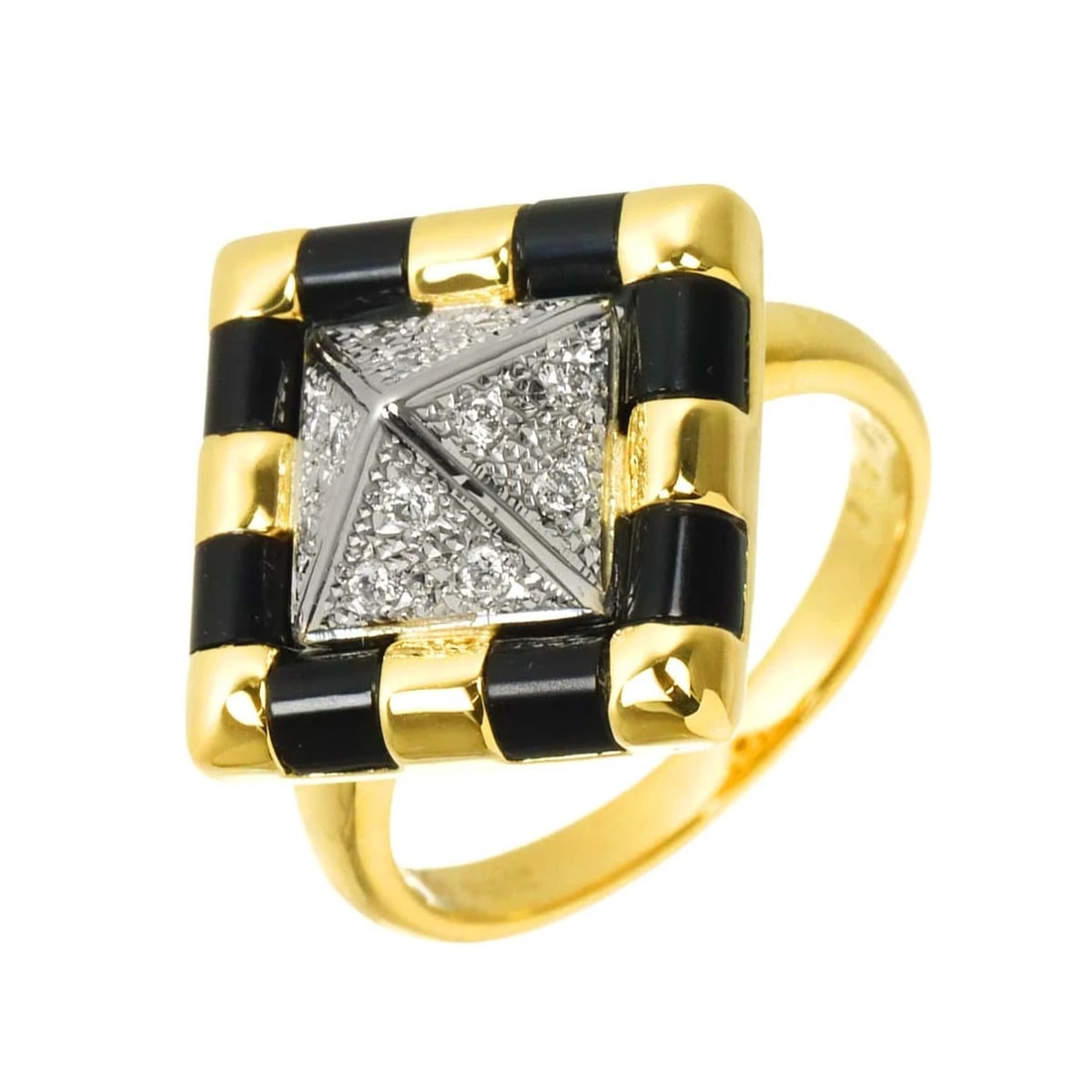 KAORUKO MIZUNO DIAMOND ONYX RING 18K YG: KAORUKO MIZUNO Diamond Onyx Ring 18K YG Brand: KAORUKO MIZUNO Type/Style: Ring Material: Pt900, Main Stone Natural Color: Platinum Size: 6.25-6.5(US) Accessories: None Accessories Notice: When