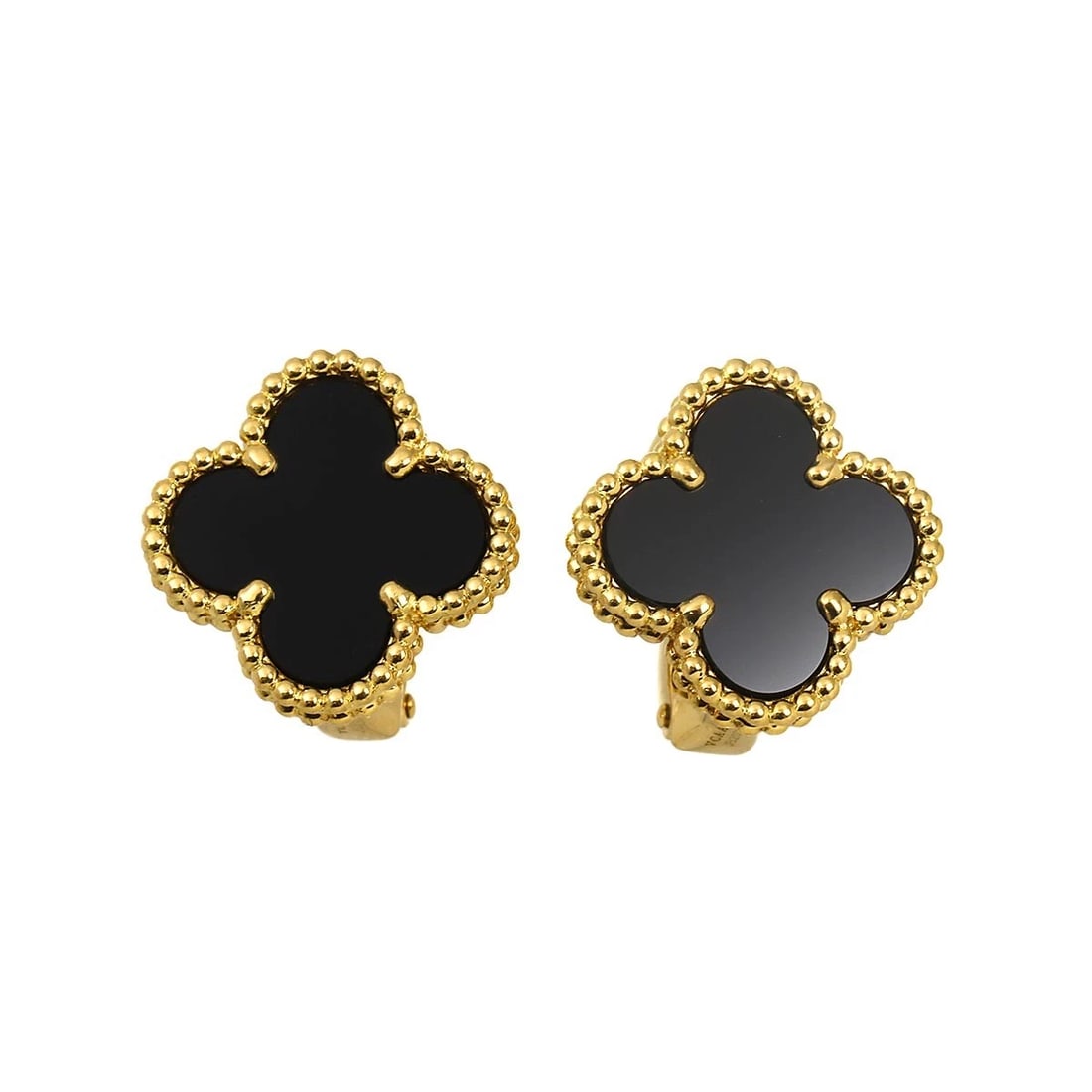 VAN CLEEF ARPELS ALHAMBRA ONYX EARRINGS: Van Cleef Arpels Alhambra Onyx Earrings Brand: Van Cleef Arpels Type/Style: Earrings Material: 750 Yellow Gold Onyx, Color: Gold Size: W15.2 x H15.2mm Accessories: None Accessories Notice: