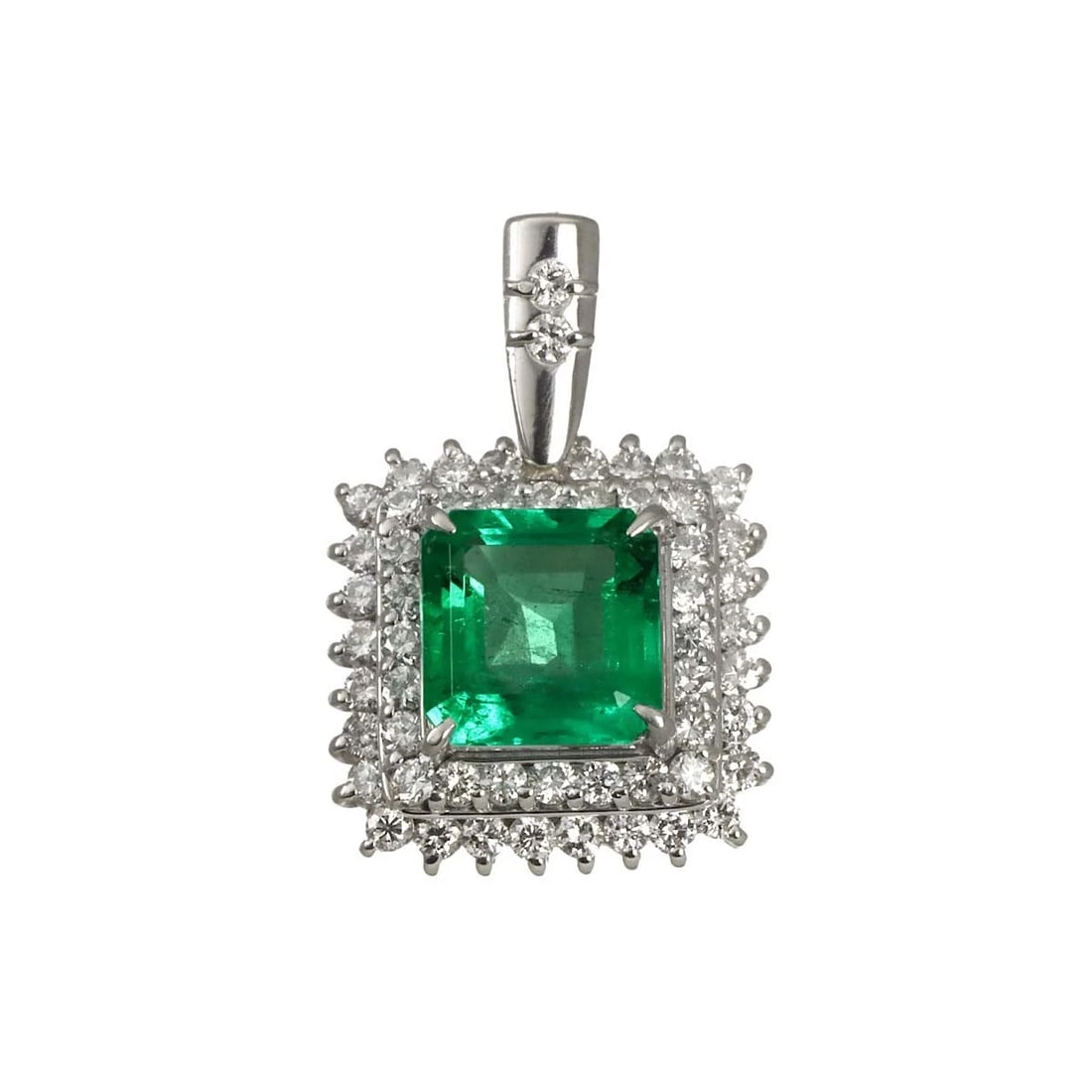 EMERALD DIAMOND PENDANT TOP PT: Emerald Diamond Pendant Top Pt Brand: Unbranded Type/Style: Pendant Material: Platinum, Color: Platinum Size: W 13.5 x H 20mm(full length) Thickness:6.8mm bail:(inside dimension) 3.7 x 5.9mm Acces