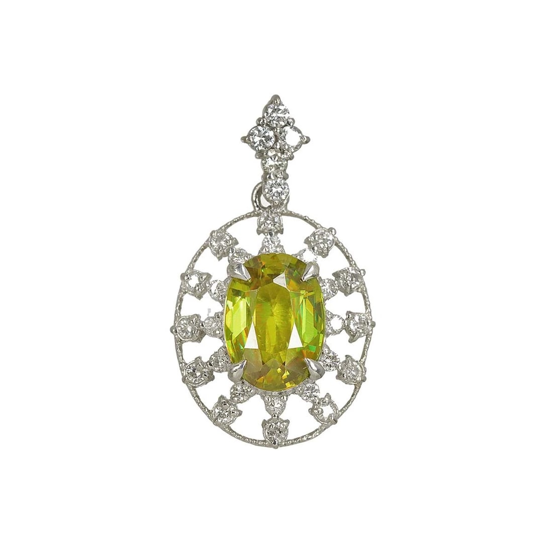 SPHENE DIAMOND PENDANT TOP PT: Sphene Diamond Pendant Top Pt Brand: Unbranded Type/Style: Pendant Material: Platinum, Color: Platinum Size: W 13.6 x H 24mm(full length) Thickness:5.6mm bail:(inside dimension) W 1.5x H 4.7mm Acc