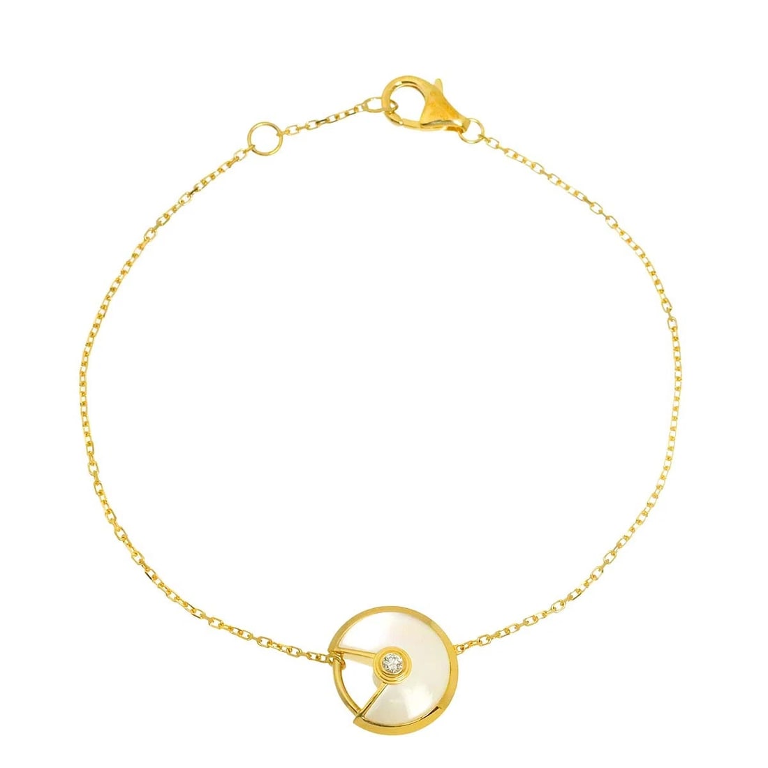 CARTIER AMULETTE MOP DIAMOND BRACELET: Cartier Amulette MOP Diamond Bracelet Brand: Cartier Type/Style: Bracelet Material: 750 Yellow Gold MOP, Main Stone Natural Color: Yellow Gold Size: Inner circumference.6.5inch-6.1inch diameter:12mm