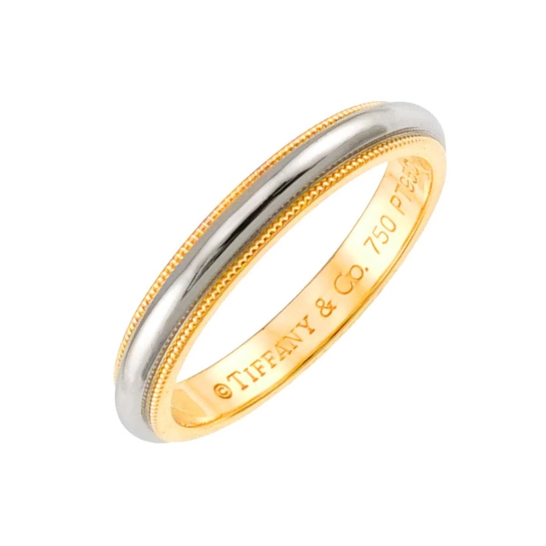 TIFFANY CO. MILGRAIN BAND RING 750 YG PLATINUM: TIFFANY Co. Milgrain Band Ring 750 YG Platinum Brand: TIFFANY Co. Type/Style: Ring Material: 750 Yellow Gold 950 Platinum, Color: Gold Size: 8.75(US) Accessories: None Accessories Notice: When
