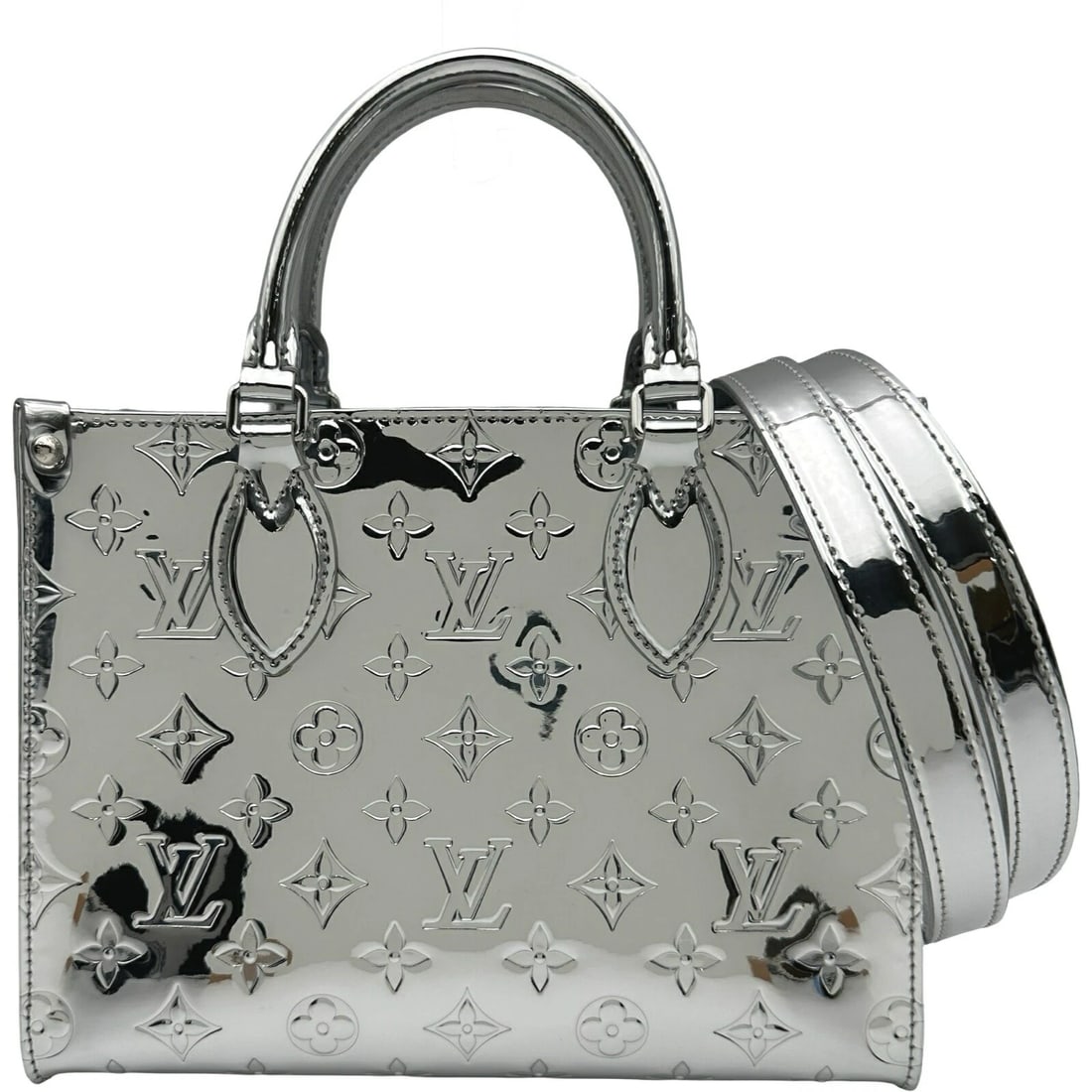 LOUIS VUITTON ONTHEGO PM SILVER MIROIR METALLIC LEATHER TOTE BAG: Louis Vuitton OnTheGo PM Silver Miroir Metallic Leather Tote Bag Brand: LOUIS VUITTON Type/Style: Tote Material: Mirror-coated leather (Miroir) Color: Silver Size: Width: approx. 9.8 inches (25 cm) He