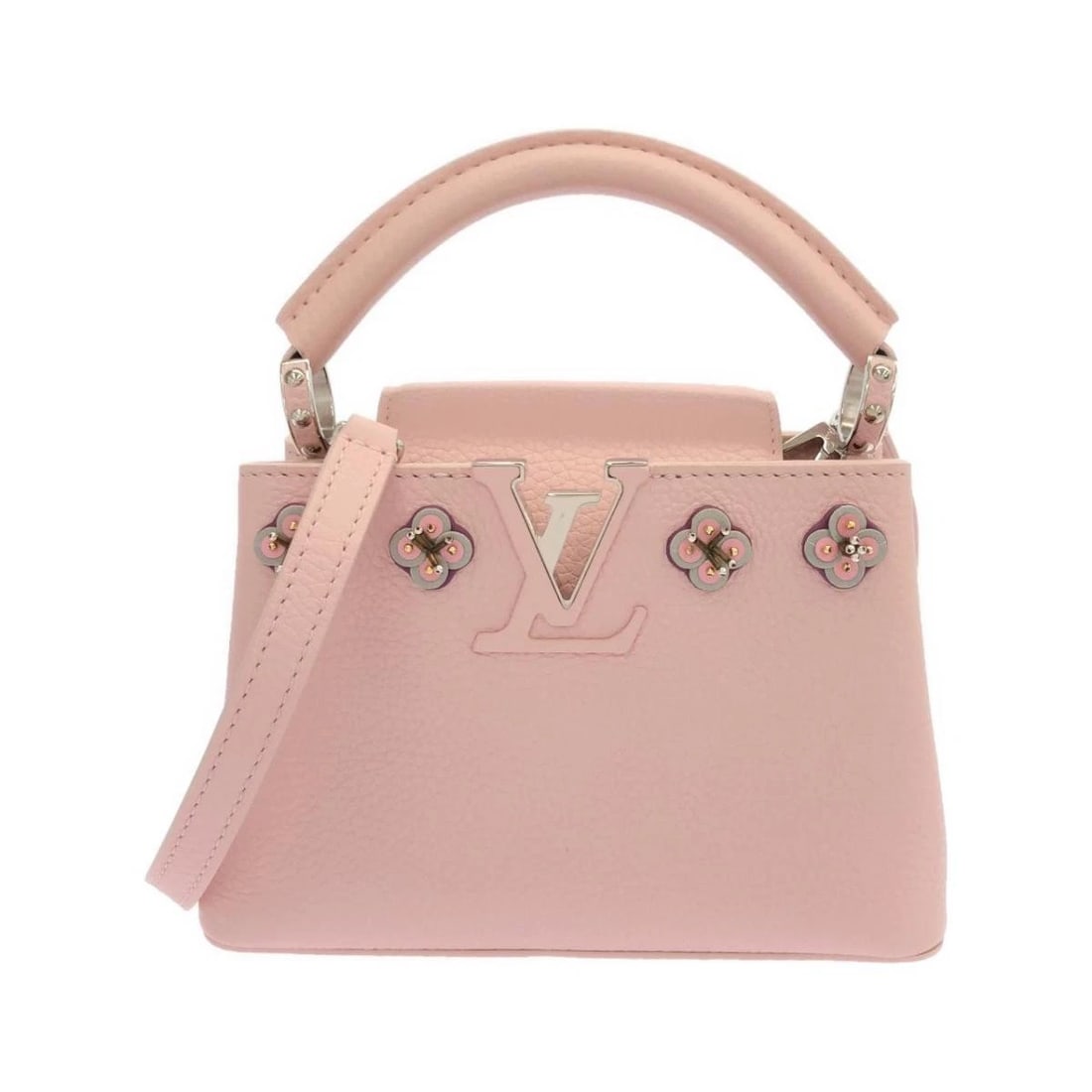LOUIS VUITTON CAPUCINES MINI LUXURY LEATHER CROSSBODY SHOULDER BAG: Louis Vuitton Capucines MINI Luxury Leather Crossbody Shoulder Bag Brand: Louis Vuitton Type/Style: Top Handle Bag Material: Taurillon Calf Leather Color: Magnolia / Silver Hardware Size: Width x