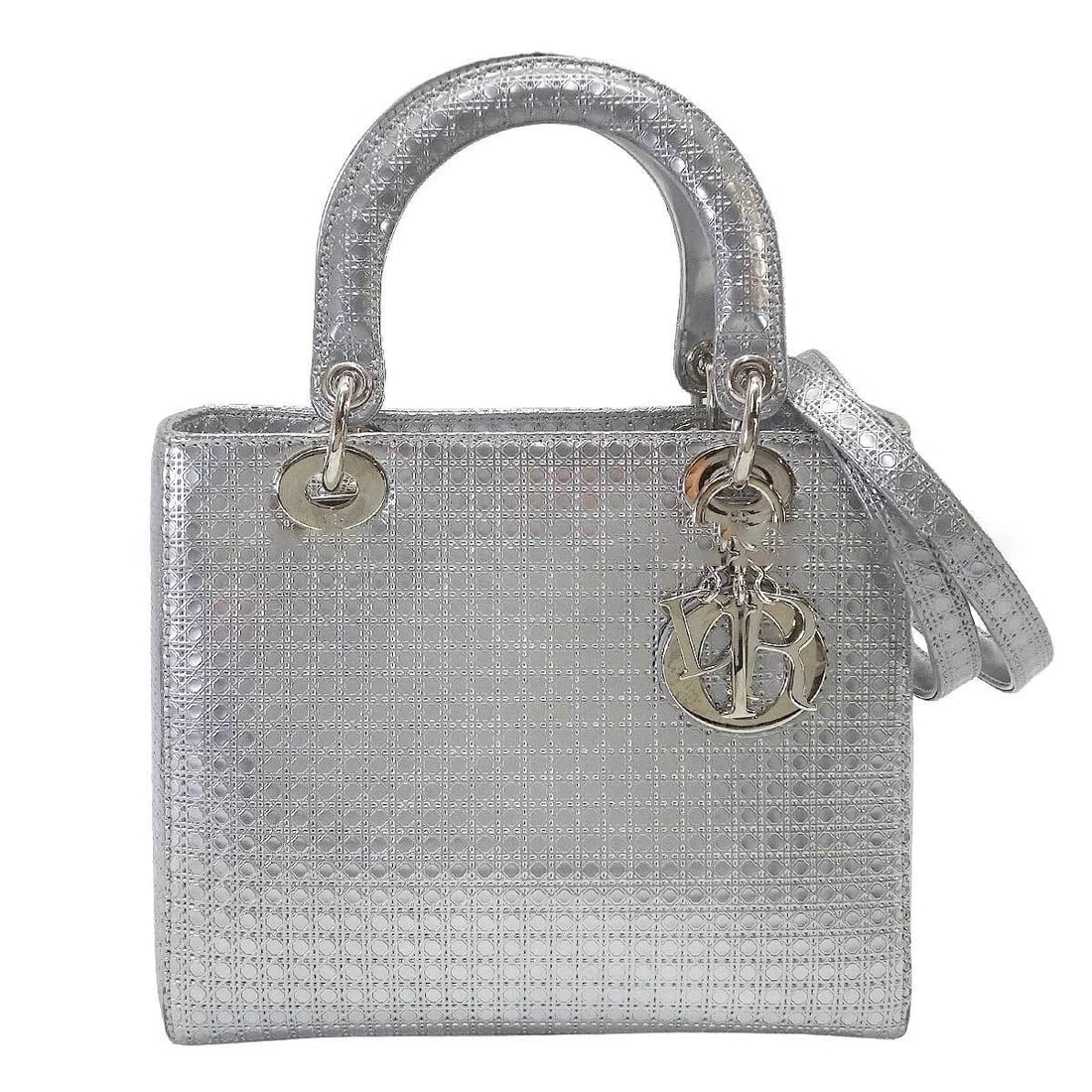 DIOR LADY DIOR MEDIUM CANNAGE 2WAY HANDBAG: Dior Lady Dior Medium Cannage 2Way Handbag Brand: Dior Type/Style: Satchel/Top Handle Bag Material: Patent Enamel Leather Color: Metallic Silver Size: W:24cm H:20cm D:12cm (approx. W:9.4inch H:7.9inch